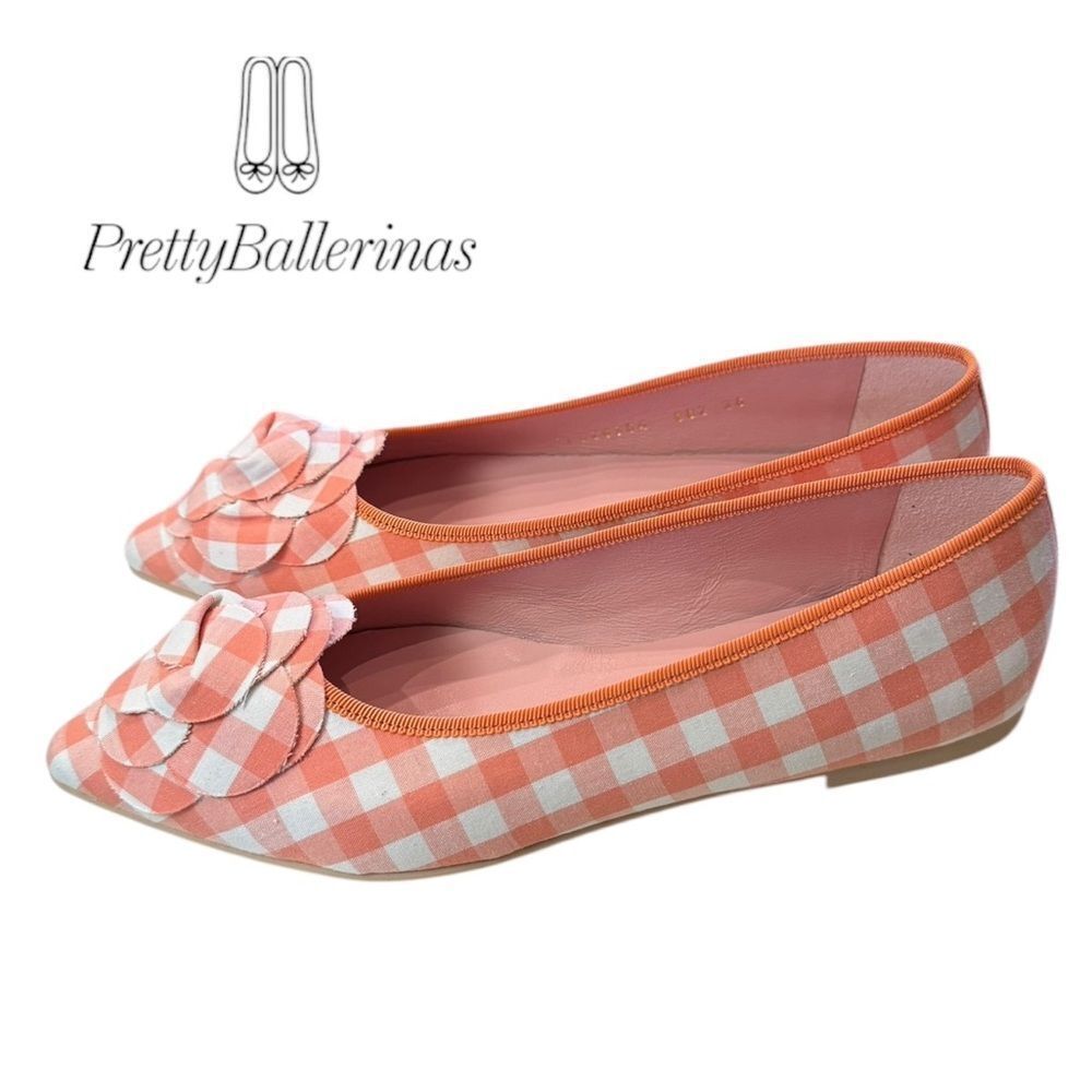New PRETTY BALLERINAS Tyra Orange Gingham Rose Slip-on Ballet Flats 36  6